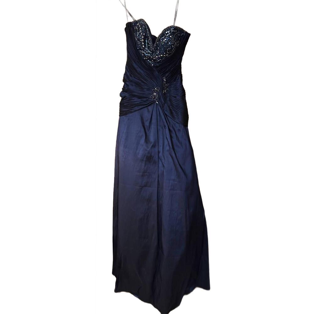 NEW TONY BOWLS women's crystals long dress in navy